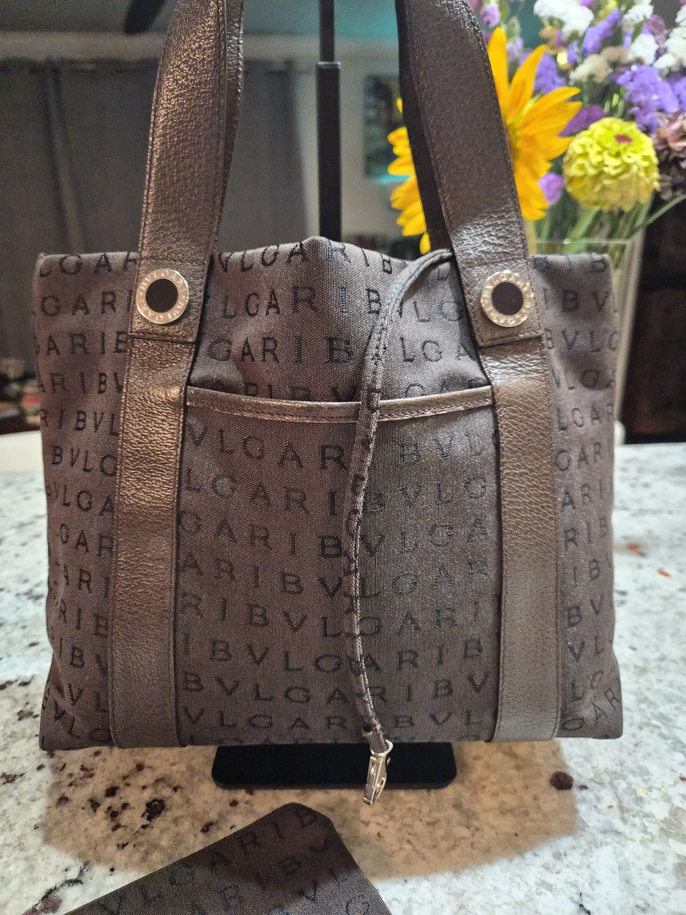Authentic Bvlgari Logomania Canvas Tote Bag Brown Leather Pouch Set Vintage